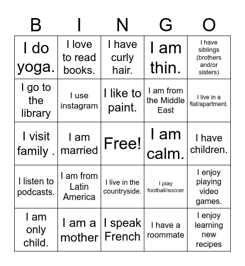 Talking About Yourself Bingo Card