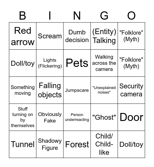 Scary Video Bingo Card