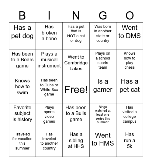 Getting to Know You Bingo Card