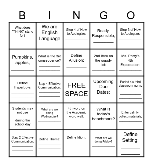 Classroom Scavenger Hunt Bingo Card
