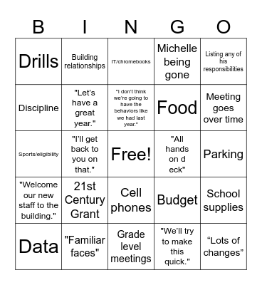 Back to School Faculty Meeting Bingo Card
