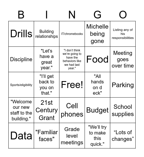 Back to School Faculty Meeting Bingo Card