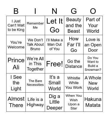 Disney Music Bingo Card