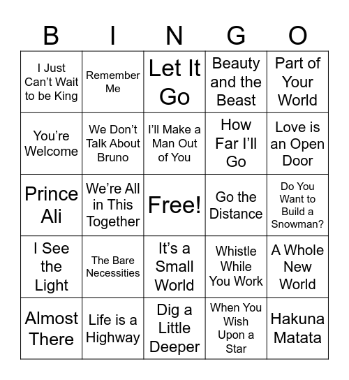 Disney Music Bingo Card
