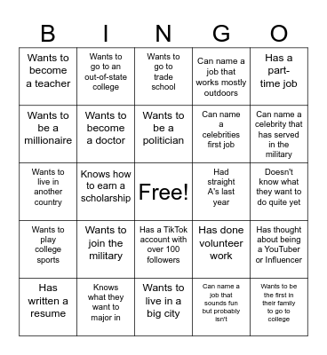 College and Career Bingo Card