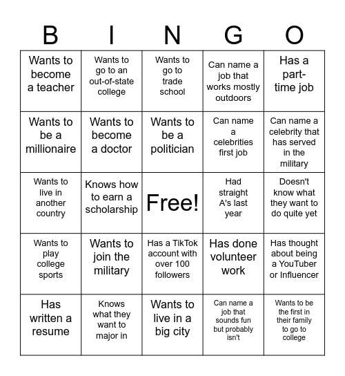 College and Career Bingo Card
