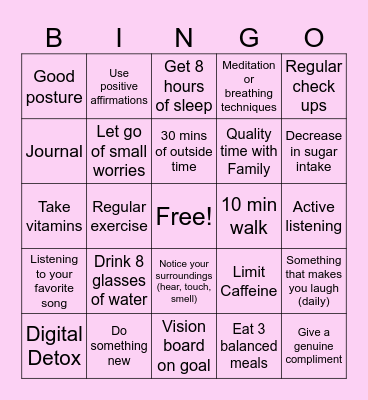 Mental Health Bingo Card