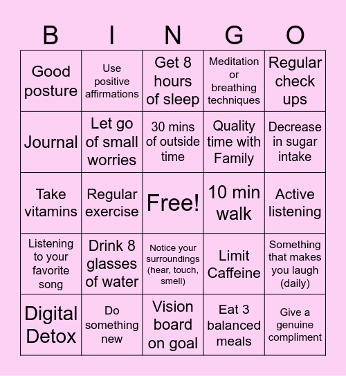 Mental Health Bingo Card