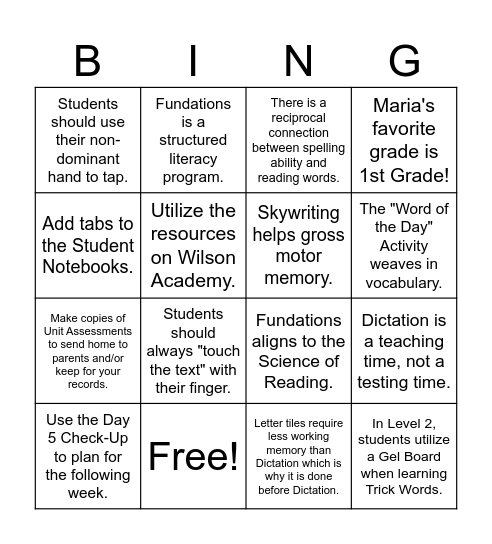 Fundations BINGO! Bingo Card