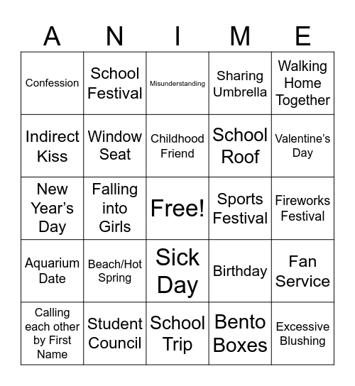 Romance Bingo Card