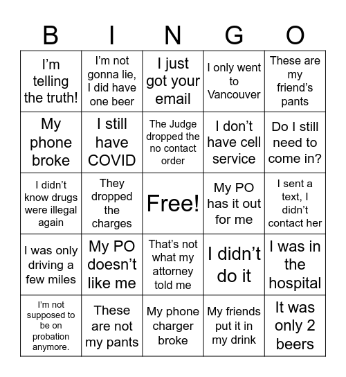 Reason Bingo Card