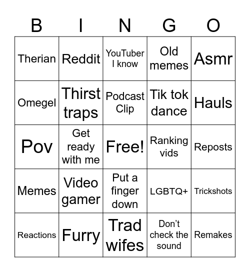 YouTube shorts Bingo Card