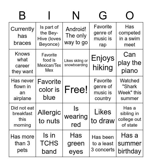 Get to know your classmates (and teacher) Bingo Card