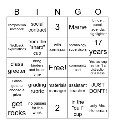 Mrs. Holloman's Class Bingo Card