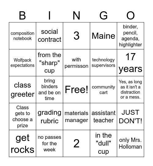 Mrs. Holloman's Class Bingo Card