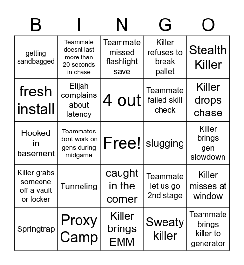 DBD Bingo Card