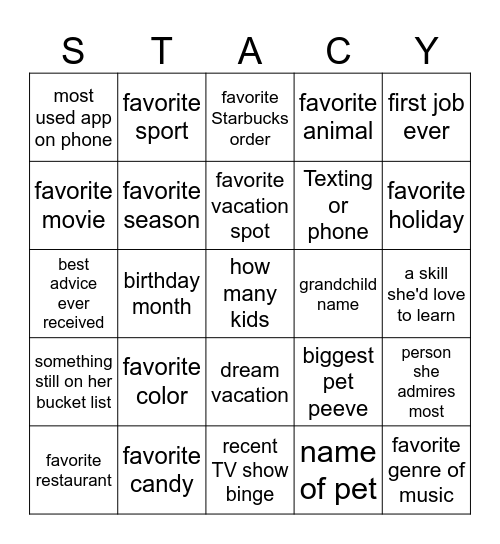 All about SKW Bingo Card
