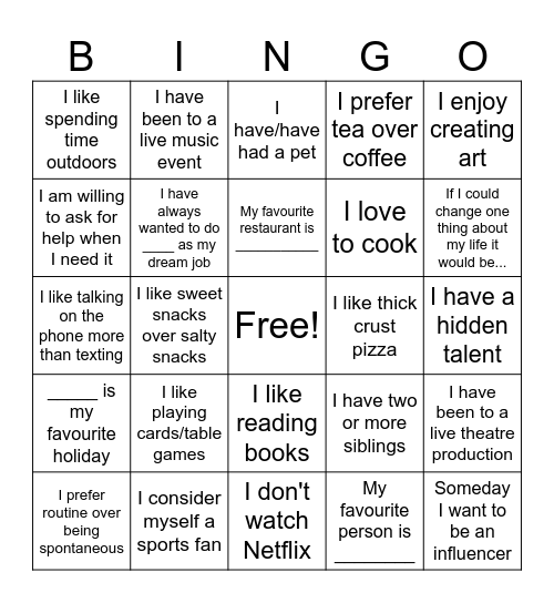 All About Me Bingo Card