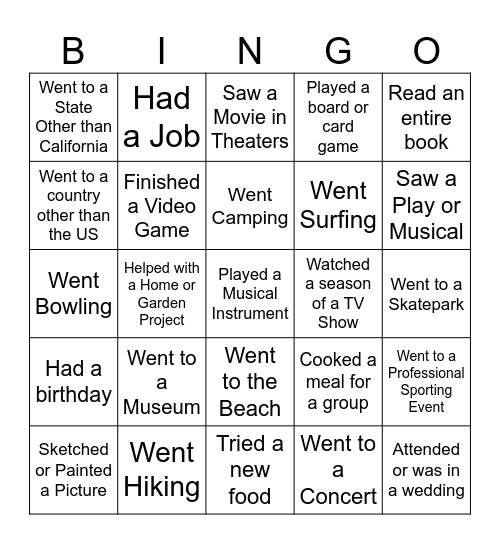 Summer Break Bingo Card