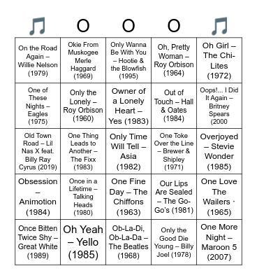 "O" the Places You'll Go!  Popular songs that start with the letter "O" Bingo Card