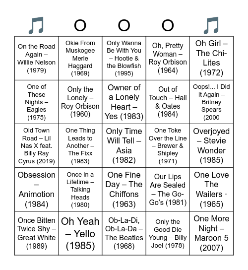 "O" the Places You'll Go!  Popular songs that start with the letter "O" Bingo Card