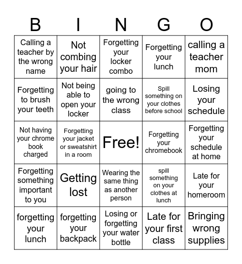First Day Bingo Card