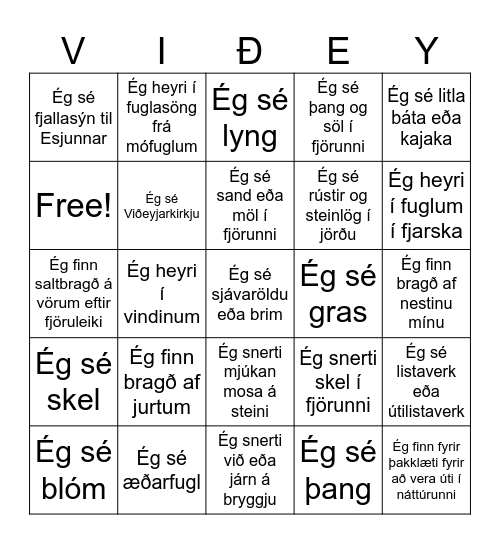 Ég sé, lykta, bragða, snerti og skynja Bingo Card