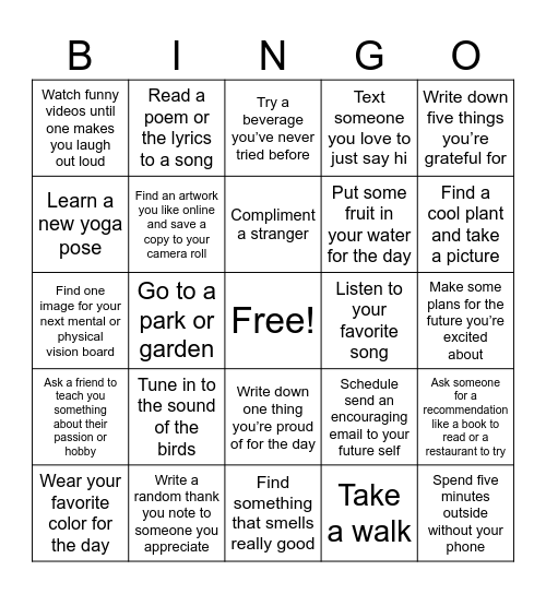 Self Care Bingo Card