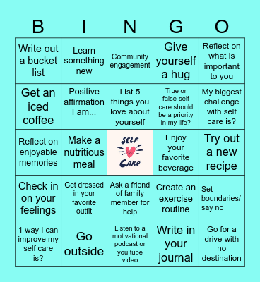 Self-Care for Mental Health Bingo Card