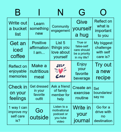 Self-Care for Mental Health Bingo Card