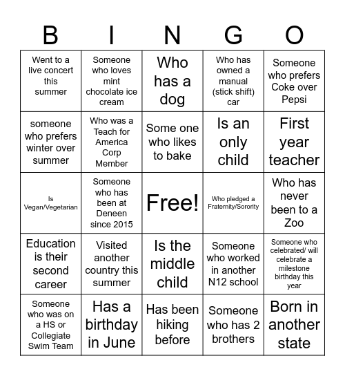 Deneen's Find Someone Who.... Bingo Card