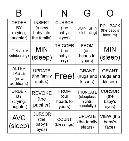 SQL Baby Shower Bingo Card