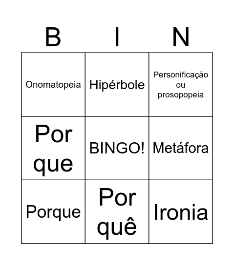 FIGURAS DE LINGUAGEM E "PORQUÊS" Bingo Card