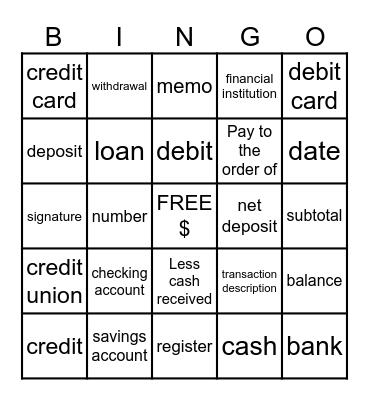 Money Matters Bingo Card