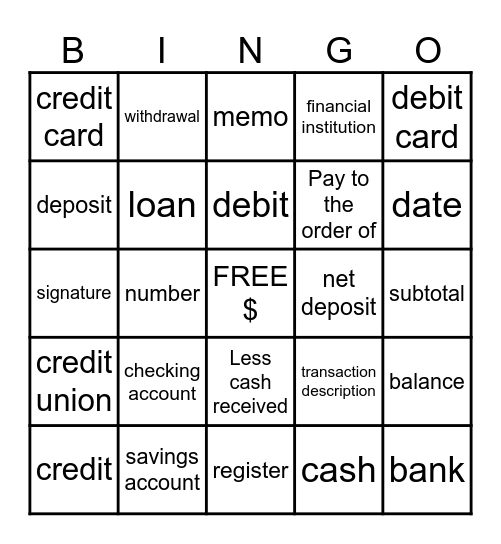 Money Matters Bingo Card