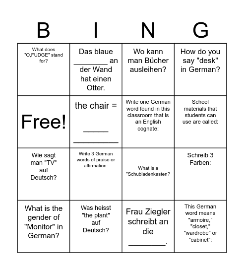 Das deutsche Klassenzimmer Bingo Card