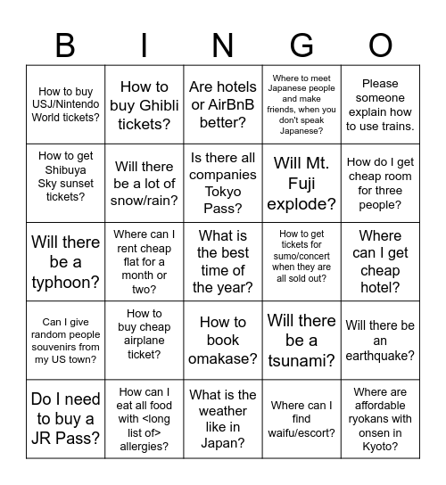 Annoying questions bingo Card