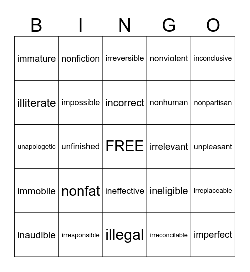 Prefix: Not Bingo Card