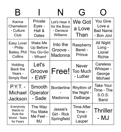 Paint & Vibe - 80's Edition Bingo Card