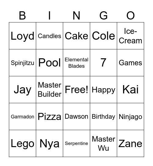 Dawson's Ninjago Birthday Party! Bingo Card