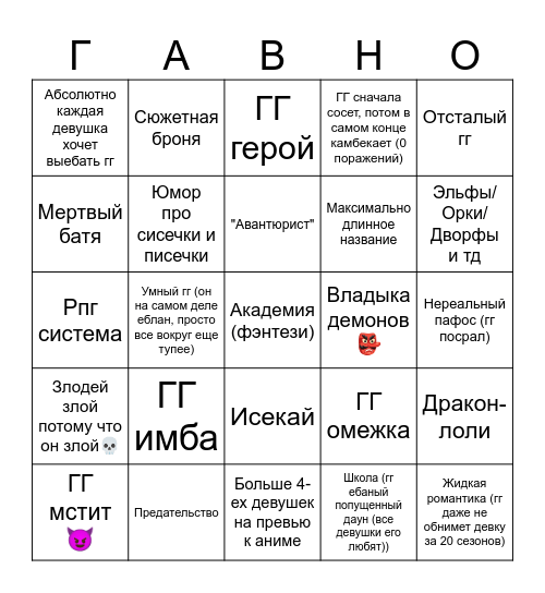 Бинго аниме/манги Bingo Card
