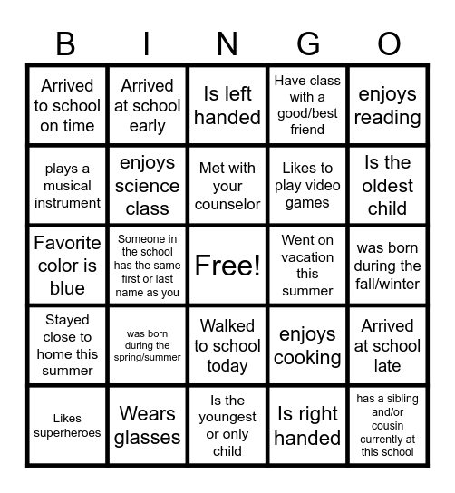 First Day of School Bingo Card