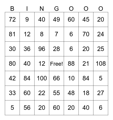 Multiplication Facts Bingo Card