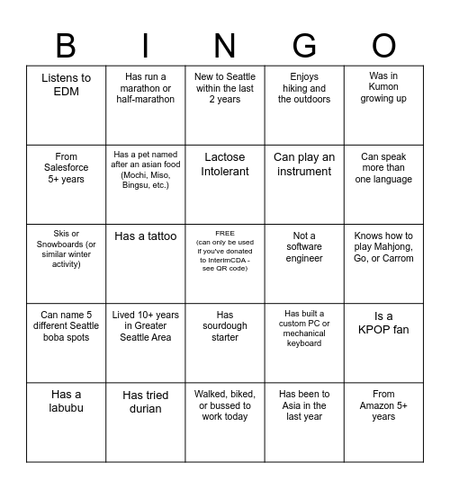 Asian Meetup Bingo Card