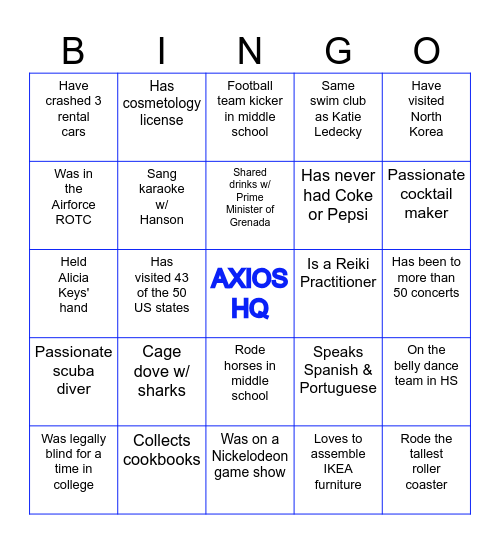 Axios HQ "Fun Facts" Bingo Card
