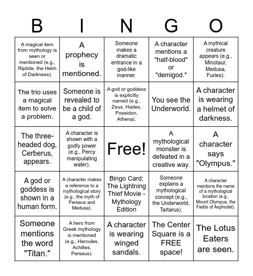 The Lightening Thief Bingo Card