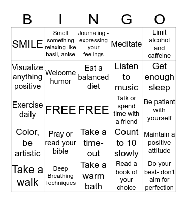 Ways to Reduce Anxiety Bingo Card
