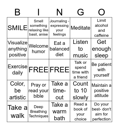 Ways to Reduce Anxiety Bingo Card