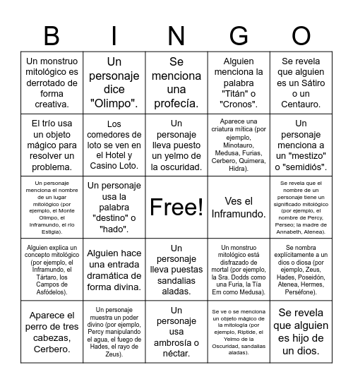 The Lightening Thief Spanish Bingo Card