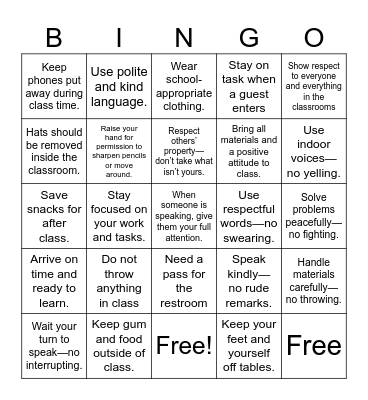 Expectations Bingo Card